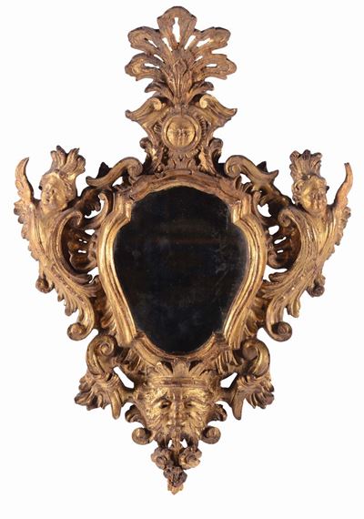 Coppia di Specchierine in Legno Intagliato e Dorato, Intagliatore Barocco Toscano del XVIII Secol...