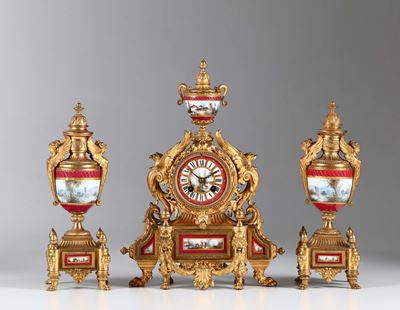 Trittico da Camino in Metallo Dorato e Porcellane, Francia Napoleone III