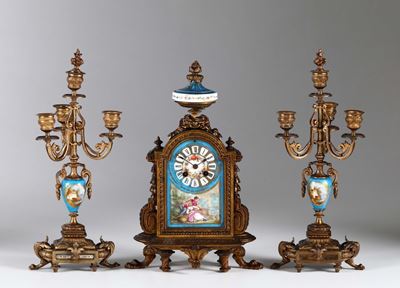 Trittico da Camino in Metallo Dorato e Porcellane Dipinte di Sevres, Francia XIX Secolo