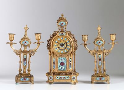 Trittico da Camino in Bronzo Dorato e Smalti Policromi, Francia XIX Secolo
