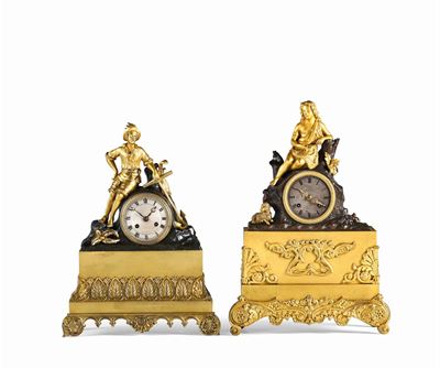 Due Pendole Carlo X in Bronzo Dorato con Figura Maschile e Figura Femminile, XIX Secolo