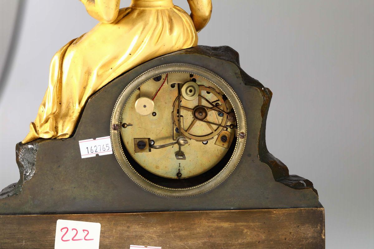 Due Pendole Carlo X in Bronzo Dorato e Brunito con Figura Maschile e Figura Femminile, XIX Secolo