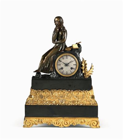Pendola da Tavolo in Bronzo Dorato e Brunito, Francia Carlo X