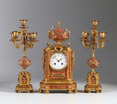 Trittico da Camino in Marmo Rosa e Bronzi Dorati, Francia Napoleone III