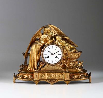 Pendola da Tavolo in Bronzo Dorato con Angelo Custode, Francia Fine XIX Secolo