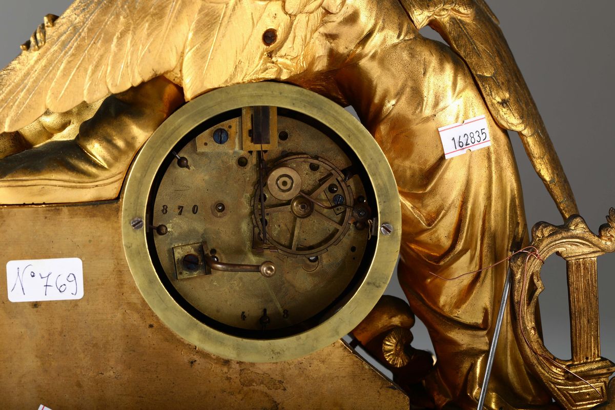 Pendola da Tavolo in Bronzo Dorato con Angelo Custode, Francia Fine XIX Secolo