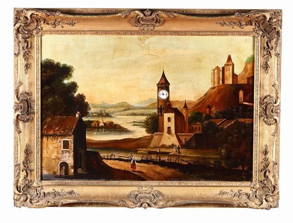 Orologio a quadro raffigurante paesaggio fluviale con figure ed architetture ad olio, XIX secolo