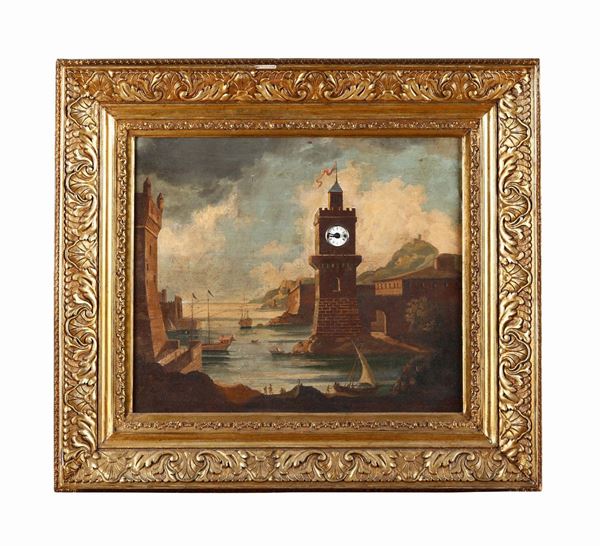 Orologio a quadro raffigurante paesaggio costiero con figure, velieri ed architetture ad olio, XIX secolo