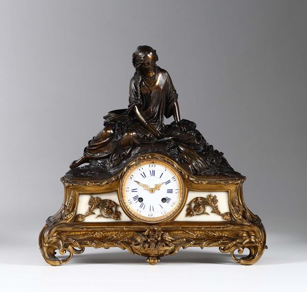 Pendola da tavolo in bronzo e bronzo dorato, Gulimat, Francia, XIX secolo