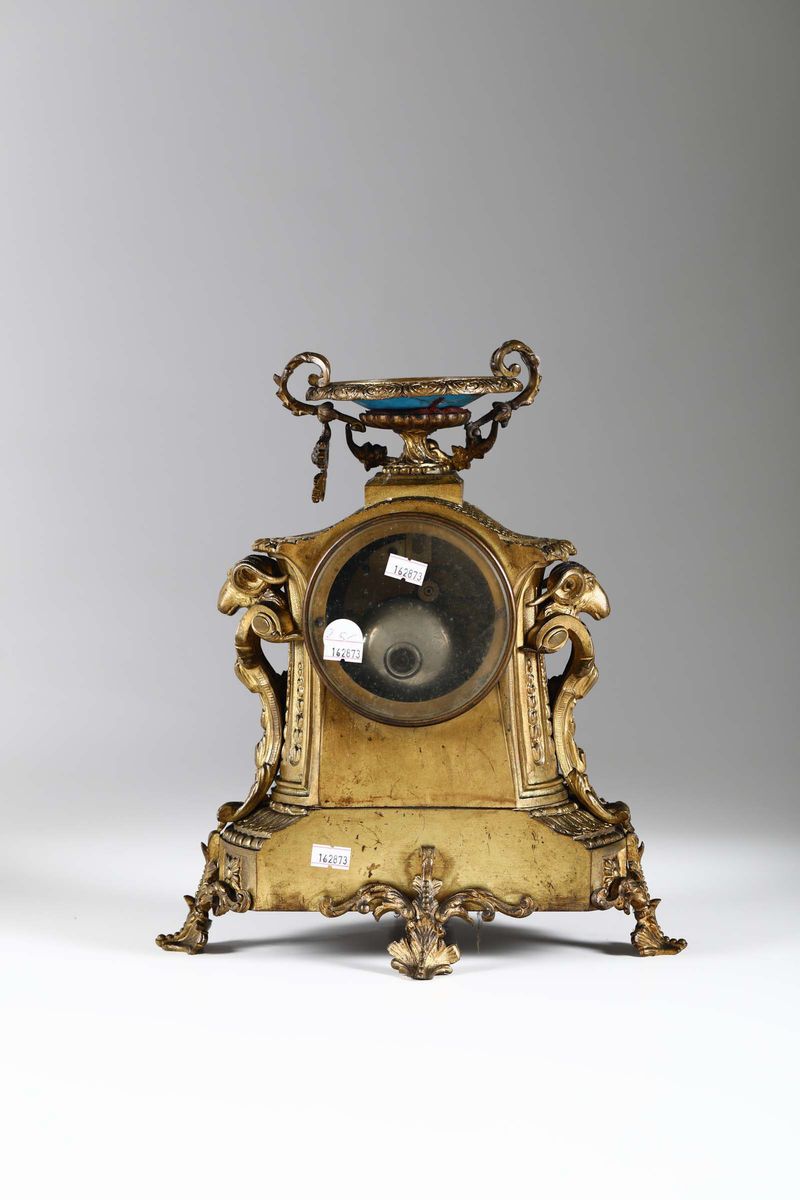 Pendola da Tavolo in Metallo Dorato con Inserti in Porcellana, Francia Napoleone III