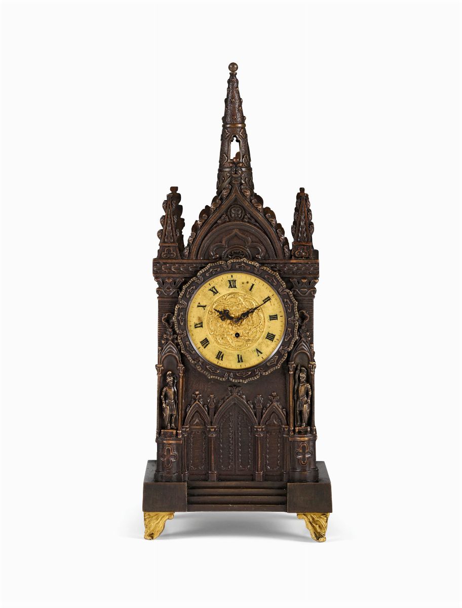 Due Orologi Gotici, uno in Legno Dipinto e uno in Bronzo Brunito e Dorato, Firmato Vivien a Gènev...