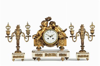 Trittico da Camino in Bronzo Dorato e Marmo Bianco, Francia Napoleone III