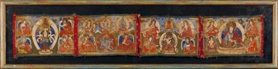 Quattro Piccoli Tanka su Seta Incorniciati con Diverse Divinità, Tibet, XVIII Secolo