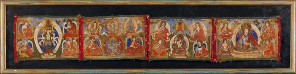 Quattro piccoli tanka su seta incorniciati con diverse divinità, Tibet, XVIII secolo