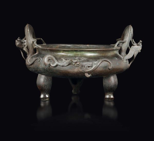 A bronze censer with handles and dragons in relief, China, Ming Dynasty