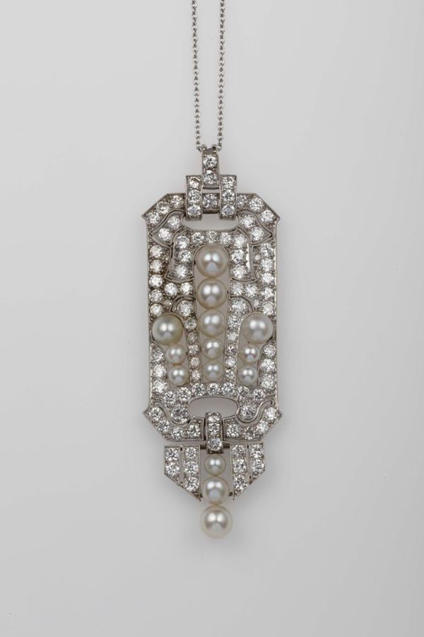 Natural pearl, diamond and platinum pendant