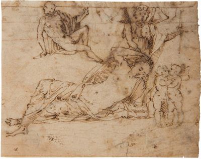 Marcantonio Raimondi (1480-1527/34) Attribuito Afigura Femminile Distesa e Altre Figure
