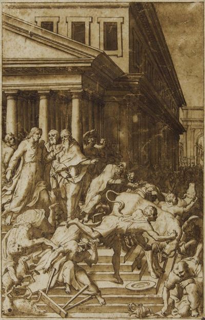 Bartolomeo Passerotti (1529-1592) Attribuito Acristo Scaccia i Mercanti dal Tempio