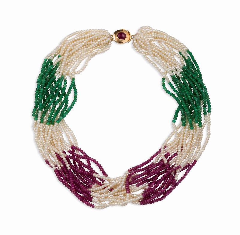 Torsade con perle, smeraldi e rubini  - Auction Vintage, Jewels and Bijoux - Cambi Casa d'Aste