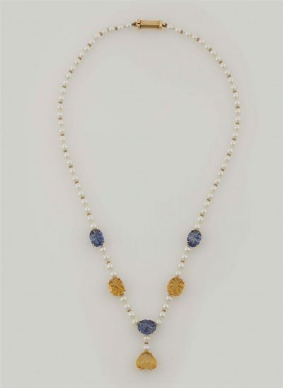 Collana di Perle con Quarzi Citrini e Topazi Azzurri