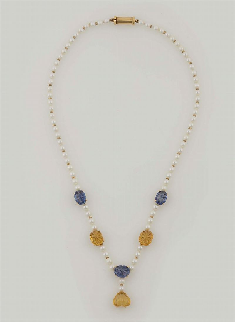 Collana di perle con quarzi citrini e topazi azzurri  - Asta Vintage, Gioielli e Bijoux - Cambi Casa d'Aste