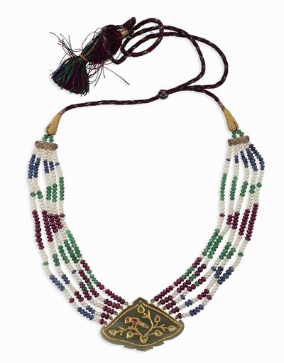 Collana India Composta da 5 Fili di Perle, Zaffiri, Smeraldi e Rubini