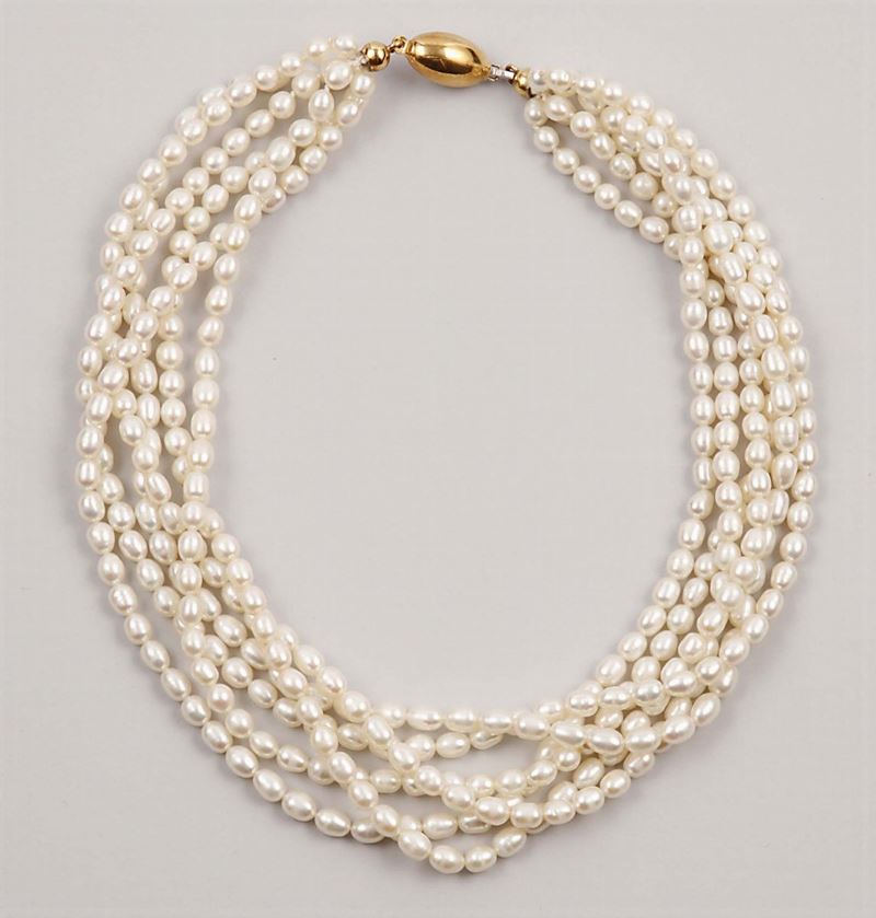 Torsade composto da sei fili di perle coltivate  - Asta Vintage, Gioielli e Bijoux - Cambi Casa d'Aste