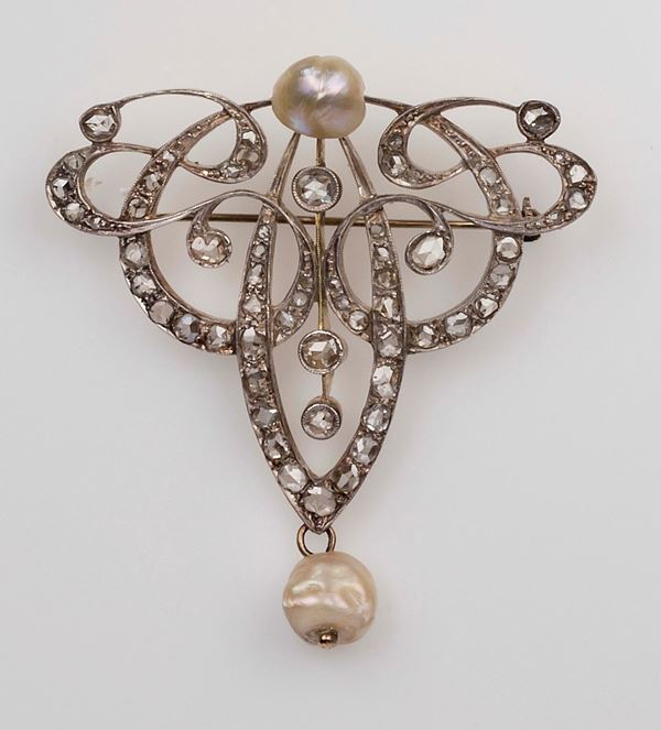 Diamond, pearl, gold and silver brooch