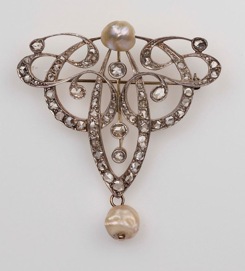 Diamond, pearl, gold and silver brooch  - Auction Fine Jewels - II - Cambi Casa d'Aste