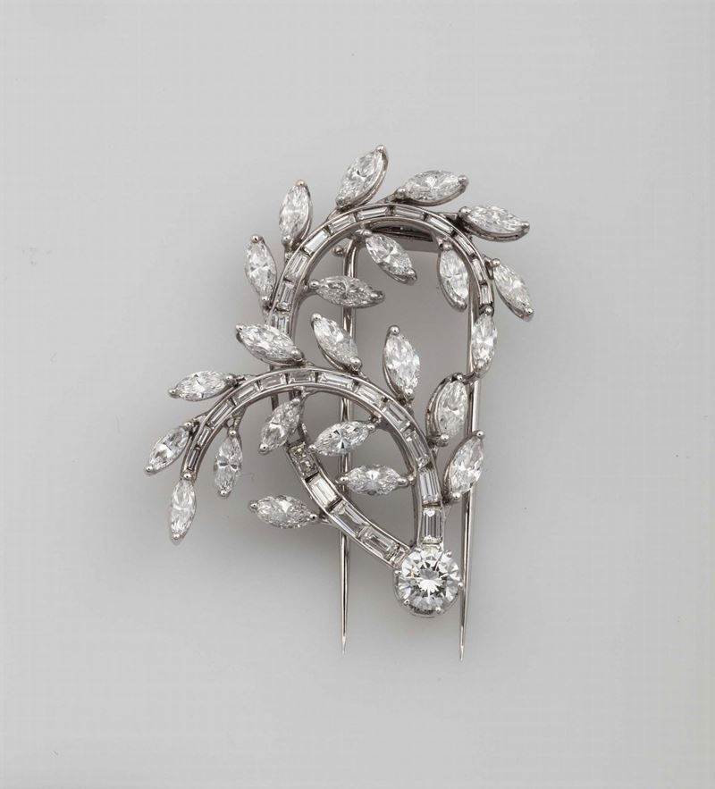 Clip a soggetto floreale con diamanti taglio rotondo a brillante, navette e baguette  - Asta Fine Jewels - Cambi Casa d'Aste