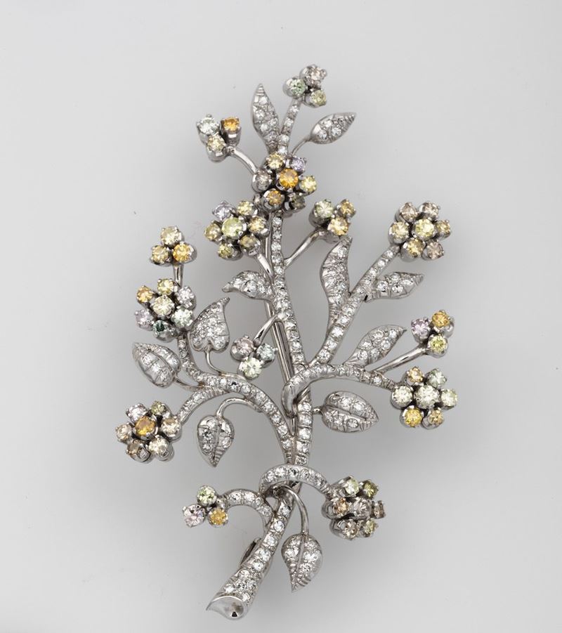 Spilla a soggetto floreale con diamanti bianchi e diamanti gialli taglio huit-huit  - Asta Fine Jewels - Cambi Casa d'Aste