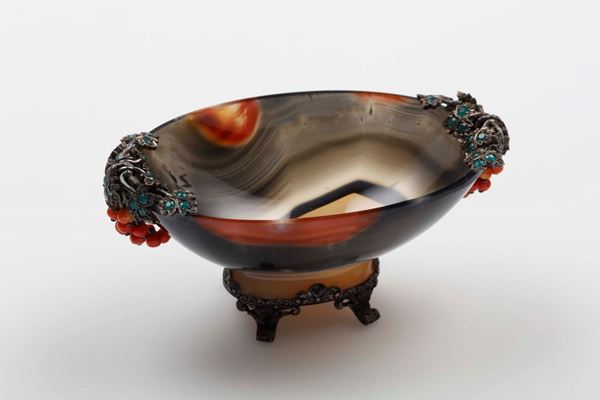 Agate, silver, coral and paste bowl