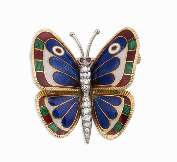 Spilla “Farfalla” con smalti policromi, diamanti di vecchio taglio e due piccoli rubini