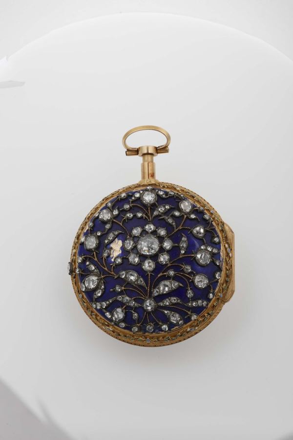 Gold, enamel and rose-cut diamond pocket watch. Rose & Son London