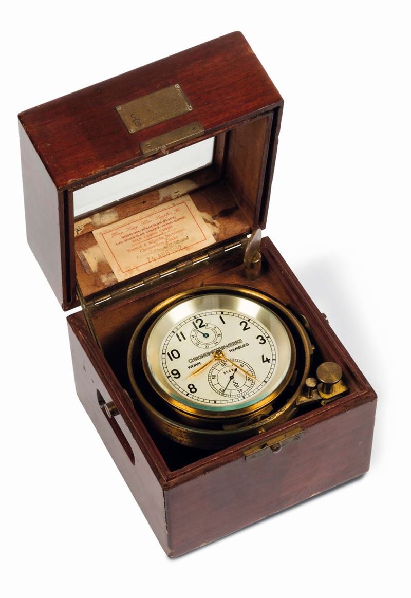 Wempe, Chronometerwerke, Hamburg, No. 6542. Fine, two-day marine box chronometer with 56 hour winding indicator and Guillaume balance. Made circa 1940  - Auction Watches and Pocket Watches - Cambi Casa d'Aste