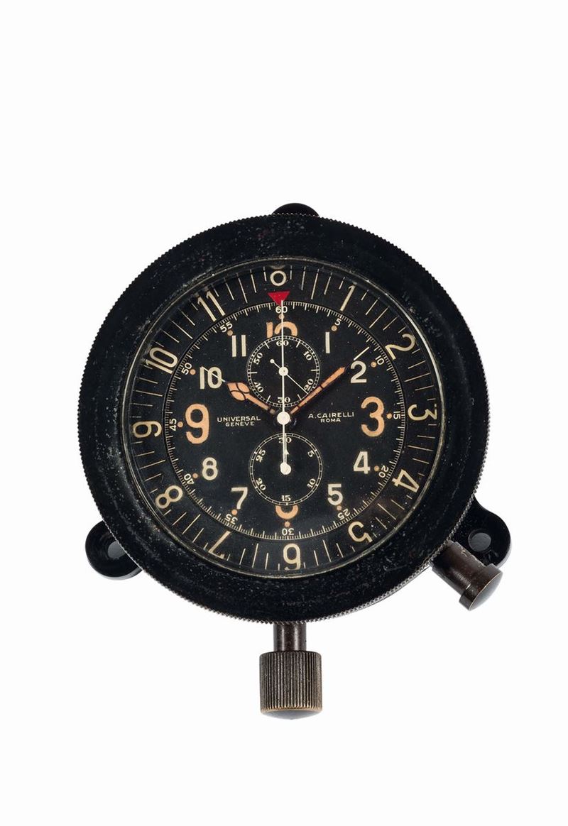 UNIVERSAL GENEVE, A.CAIRELLI ROMA, orologio da cruscotto aereo militare, in bachelite con cronografo. Realizzato nel 1930 circa  - Asta Orologi da Polso e da Tasca - Cambi Casa d'Aste