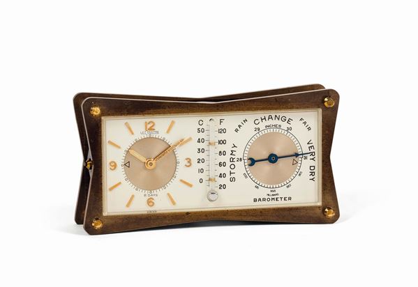 LeCoultre, orologio da tavolo in ottone dorato con barometro e funzione di sveglia. Realizzato nel 1960 circa