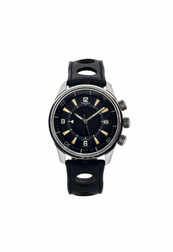 JAEGER LECOULTRE,  POLARIS STEEL, REF. E-859.  Fine and very rare, center seconds, self-winding, stainless steel wristwatch with mechanical alarm, date and 2 crowns. Made in 1968
