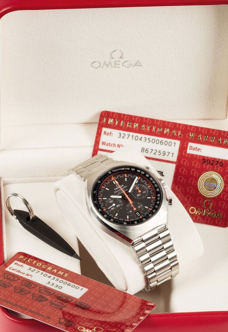 OMEGA, Speedmaster Professional MARK II Coaxial,  Ref. ST 327.10.43.50.06.001, stainless steel, self-winding, water resistant chronograph wristwatch with date and tachometer and an original steel Omega bracelet with deployant clasp. Accompanied by the original box, Guarantee, push pin and instruction booklet. Made circa 2014  - Auction Watches and Pocket Watches - Cambi Casa d'Aste