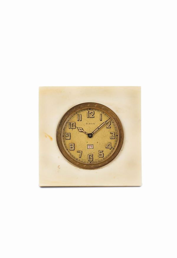 UNSIGNED, 8 days, ivory cased small desk clock with date. Made circa 1920