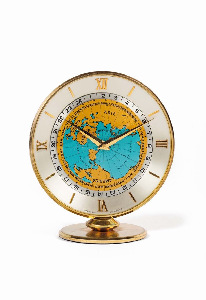 IMHOF, World Time Clock, Swiss 1488361.  Piccolo orologio da tavolo, con riserva di carica  8 giorni e ore del mondo. Realizzato circa nel 1950  - Asta Orologi da Polso e da Tasca - Cambi Casa d'Aste