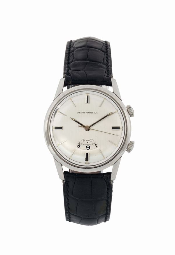 GIRRARD PERREGAUX, Alarm, stainless steel, center seconds, wristwatch with alarm and an original buckle. Made circa 1960