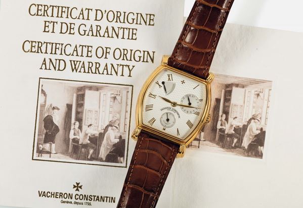 VACHERON CONSTANTIN, Genève, Jubilee 240, case No. 676465, Ref. 47240/J. Very fine, tonneau-shaped, self-winding, water-resistant, 18K yellow gold wristwatch with 40-hour power reserve, date and an 18K yellow gold deployant clasp. Accompanied by the original box, Certificate, Guarantee and push pin. Made in 1995.