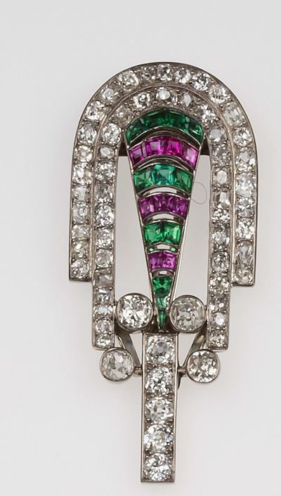 Clip con Diamanti di Vecchio Taglio, Rubini Sintetici e Cristalli Verdi