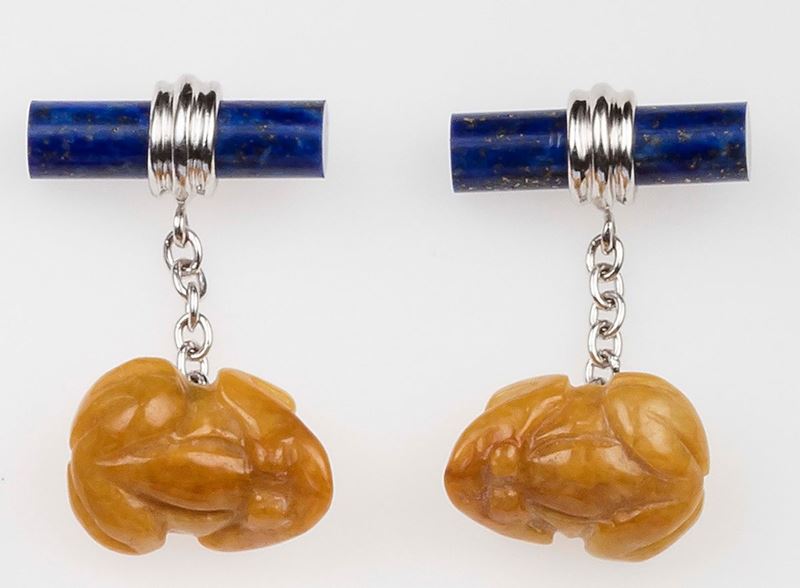 Pair of jade and lapis lazuli cufflinks  - Auction Fine Jewels - II - Cambi Casa d'Aste