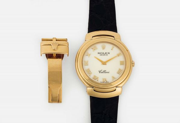 ROLEX, Geneve, CELLINI, fine, 18K yellow gold quartz wristwatch with original gold Rolex deployant clasp. Made circa 1990