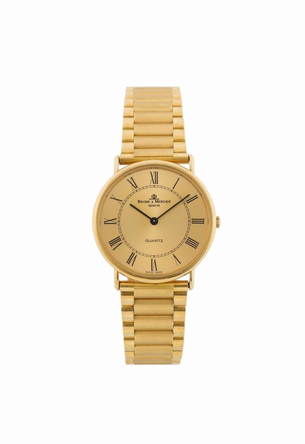 Baume & Mercier, orologio da polso, da signora, al quarzo,  in oro giallo 18K con bracciale originale in oro. Realizzato nel 1980 circa