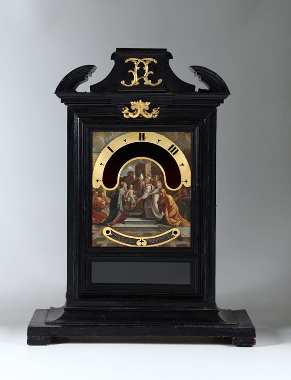 Cassa da orologio notturno con quadrante dipinto, periodo inizi '700 circa.