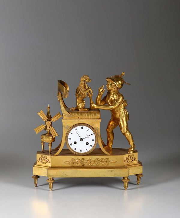 Pendola francese in bronzo dorato, periodo 1800.