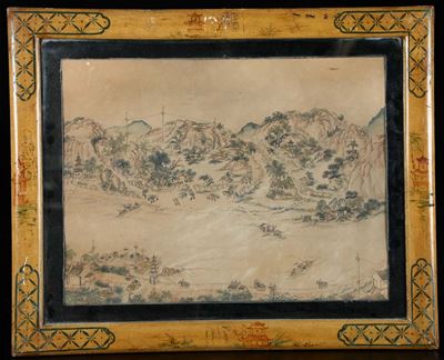 Lotto di Quattro Disegni Incorniciati Raffiguranti Paesaggi e Scene di Vita Comune, Giappone, XIX...